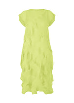 The TYPE-P 003-2 dress by A-POC ABLE ISSEY MIYAKE is a light green, short-sleeved pleated style in textured Baked Stretch fabric with wavy 3D patterns, a loose silhouette for versatile wear, and falls below the knee. - LIME GREEN （no.63）