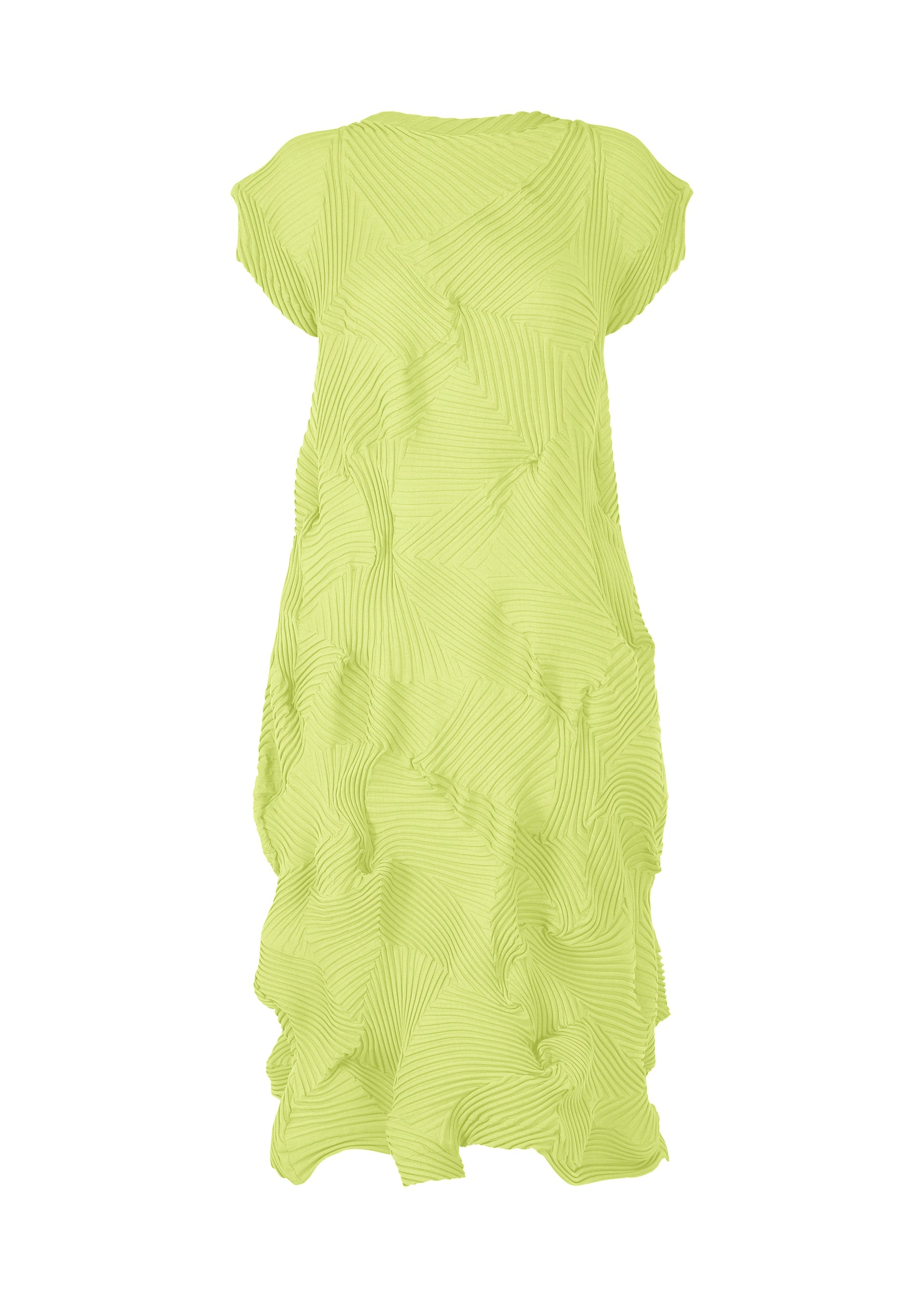 Zoomed view The TYPE-P 003-2 dress by A-POC ABLE ISSEY MIYAKE is a light green, short-sleeved pleated style in textured Baked Stretch fabric with wavy 3D patterns, a loose silhouette for versatile wear, and falls below the knee. - LIME GREEN （no.63）