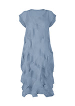 The TYPE-P 003-2 dress by A-POC ABLE ISSEY MIYAKE is light blue, knee-length, and loose-fitting with short sleeves. It features a Baked Stretch crinkled geometric pattern for a wavy, 3D effect—perfect for versatile everyday wear. - STEEL BLUE （no.70）