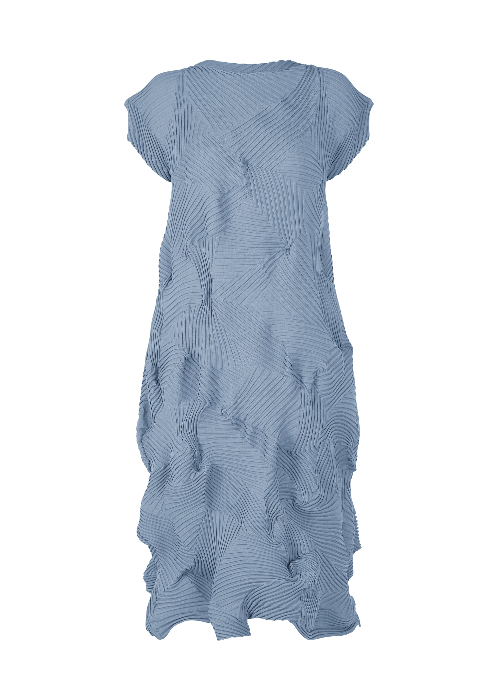 Zoomed view The TYPE-P 003-2 dress by A-POC ABLE ISSEY MIYAKE is light blue, knee-length, and loose-fitting with short sleeves. It features a Baked Stretch crinkled geometric pattern for a wavy, 3D effect—perfect for versatile everyday wear. - STEEL BLUE （no.70）