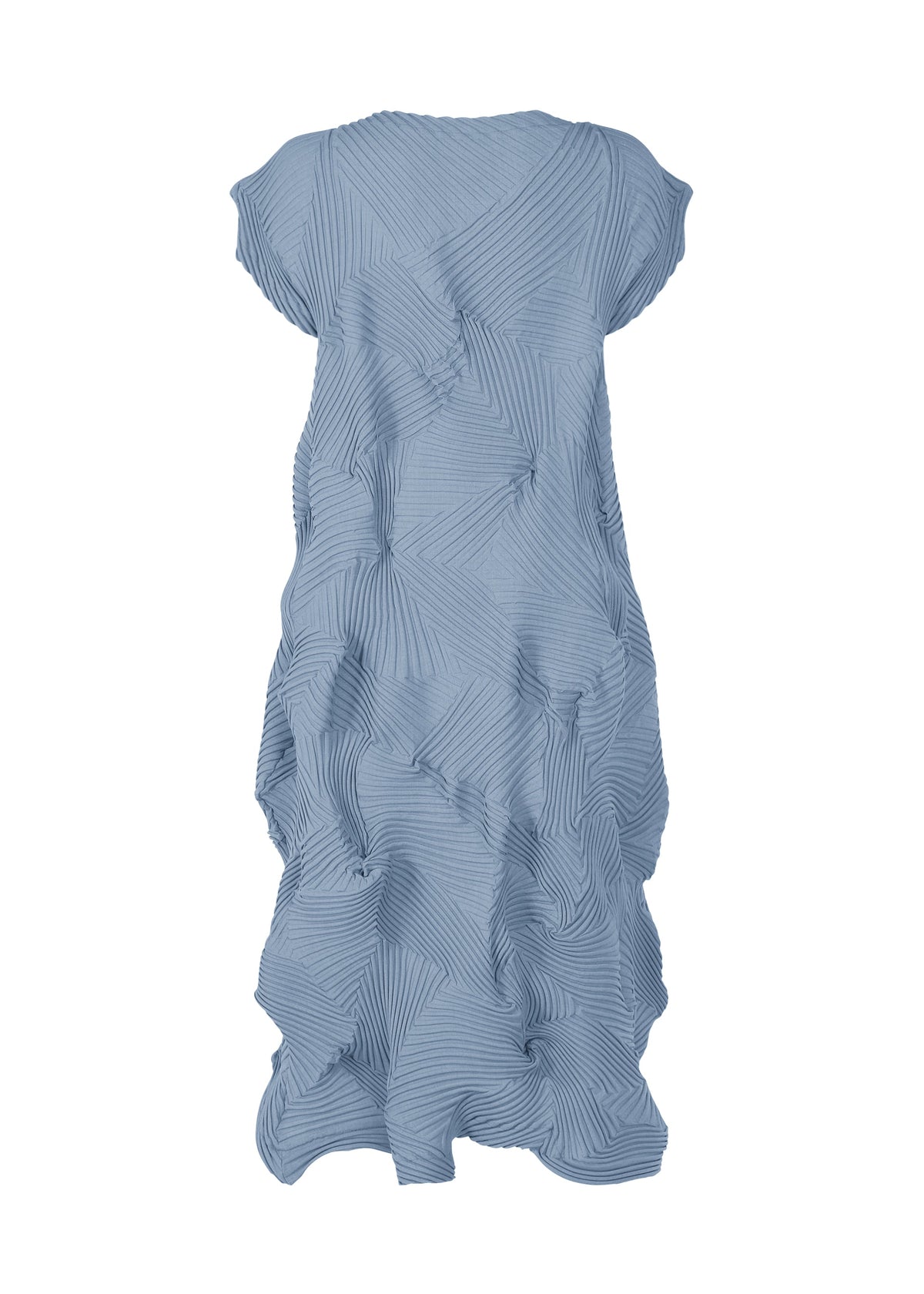 The TYPE-P 003-2 by A-POC ABLE ISSEY MIYAKE is a light blue, short-sleeved dress with pleated, layered fabric and an irregular wavy texture. Made with Baked Stretch material, it provides a loose, versatile silhouette for daily wear. view 4 of 8