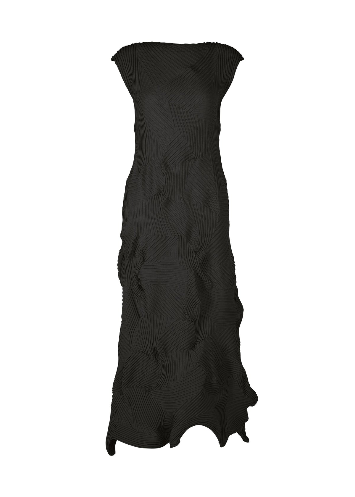 The TYPE-P 003-1 dress by A-POC ABLE ISSEY MIYAKE is a black, strapless pleated piece with sculpted geometric patterns and a wavy hem, creating a three-dimensional look perfect for stylish everyday wear. view 1 of 7
