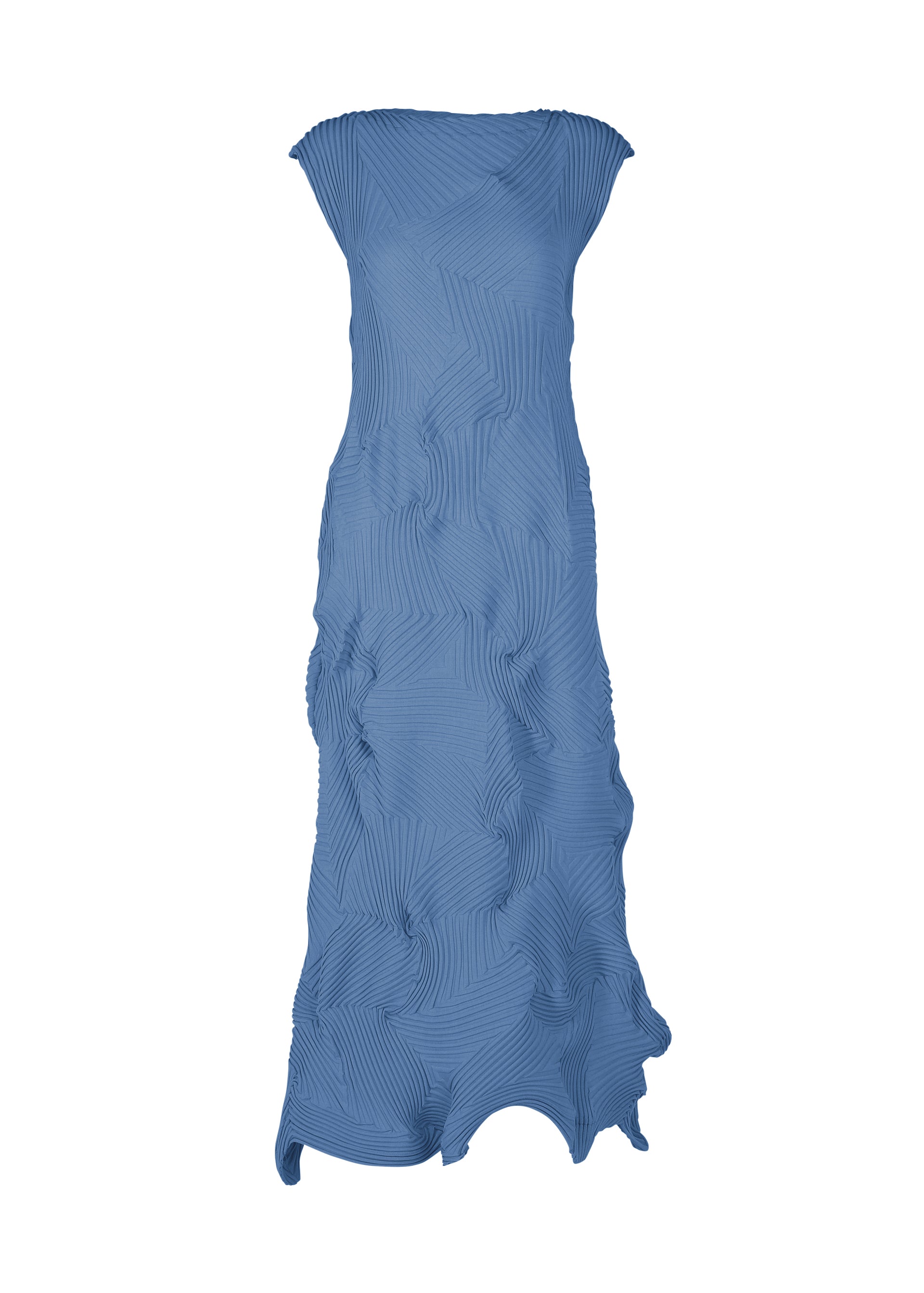 Zoomed view The TYPE-P 003-1 by A-POC ABLE ISSEY MIYAKE is a sleeveless, floor-length blue pleated dress featuring a wavy textured pattern and an irregular ruffled hem—ideal for elegant, everyday style. - BLUE （no.72）