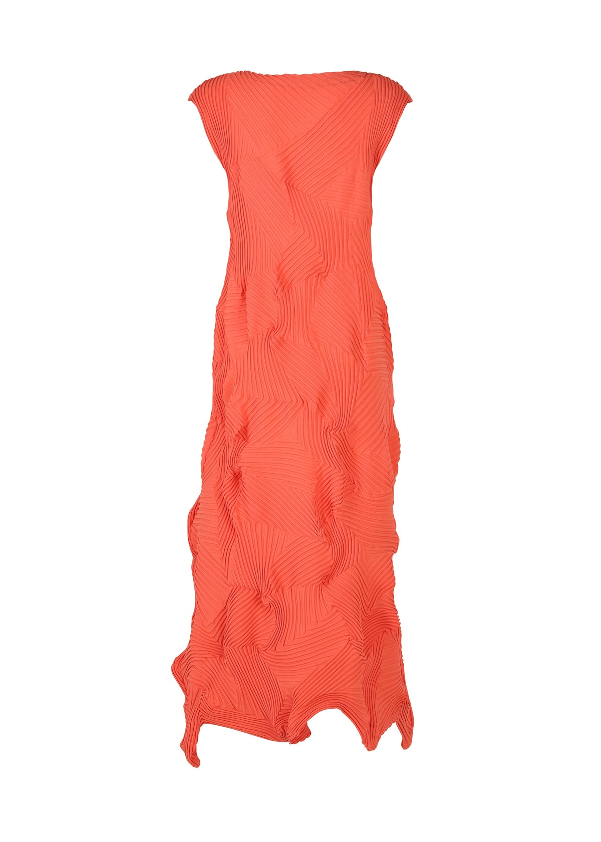 The TYPE-P 003-1 by A-POC ABLE ISSEY MIYAKE is a sleeveless, floor-length coral pleated dress with a textured pattern and irregular wavy hem—ideal for stylish everyday wear. view 4 of 7
