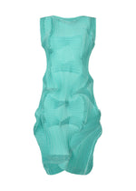 TYPE-O 003 by A-POC ABLE ISSEY MIYAKE is a sleeveless turquoise dress with geometric patterns, structured 3D curves, and pleated details, crafted from plant-derived polyester. - EMERALD GREEN-HUED （no.67）