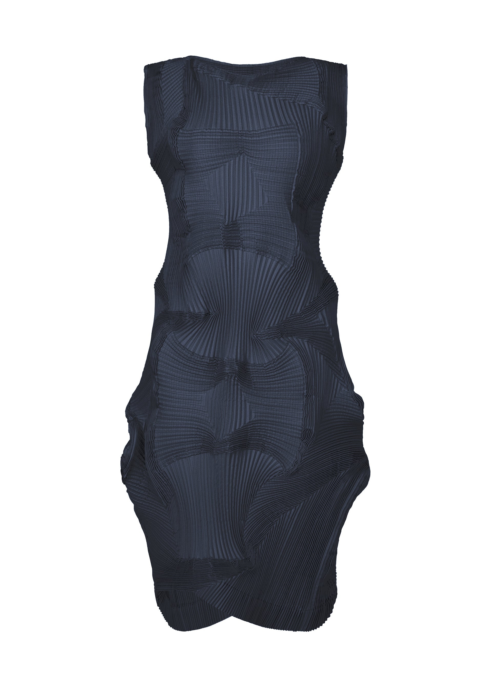 Zoomed view The TYPE-O 003 by A-POC ABLE ISSEY MIYAKE is a sleeveless black Steam Stretch dress with a geometric textured pattern and pleated sculptural sides, crafted from plant-derived polyester, shown on a plain white background. - NAVY （no.75）
