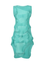 The TYPE-O 003 by A-POC ABLE ISSEY MIYAKE is a sleeveless, turquoise Steam Stretch dress made from plant-derived polyester, featuring pleated, textured shapes that create abstract three-dimensional curves throughout.