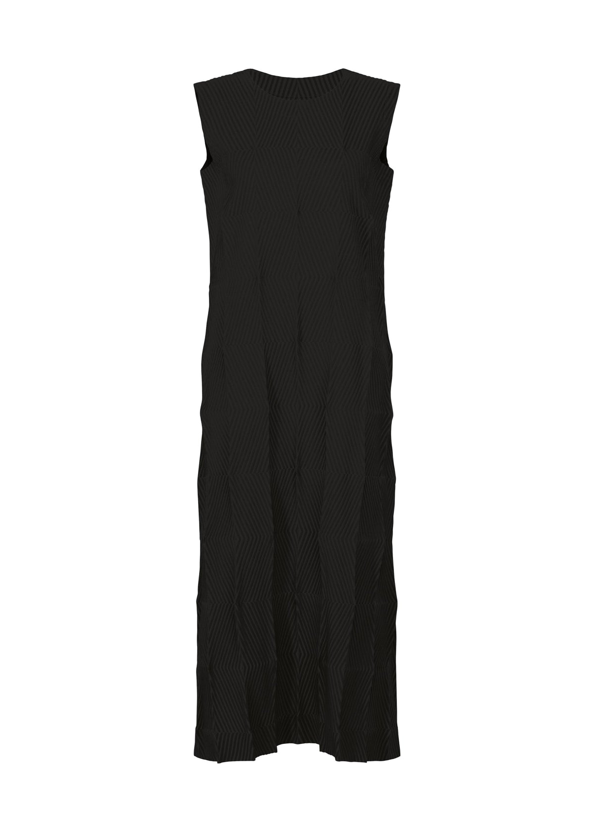 TYPE-W 009-2 by A-POC ABLE ISSEY MIYAKE is a sleeveless, ankle-length black Steam Stretch dress featuring a subtle vertical textured pattern and round neckline, shown against a white background. view 1 of 10
