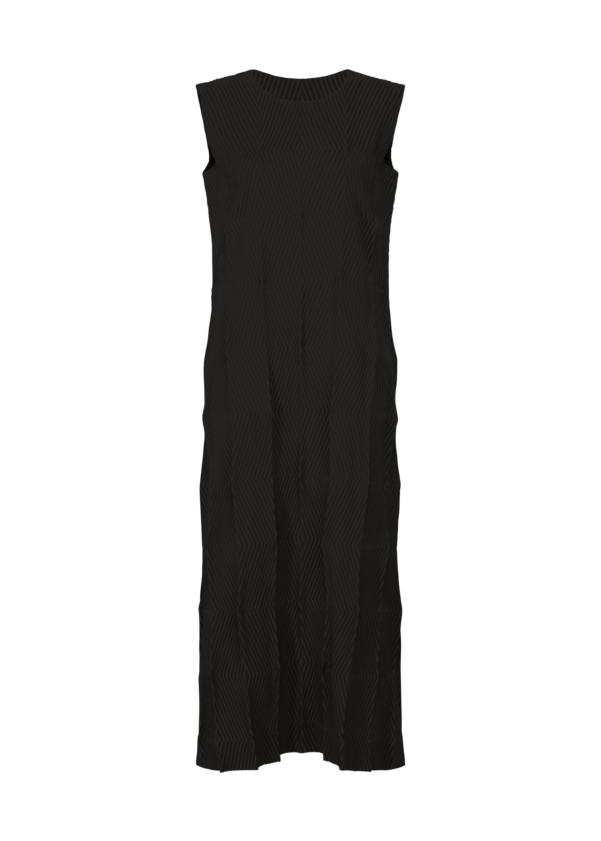 Zoomed view TYPE-W 009-2 by A-POC ABLE ISSEY MIYAKE is a sleeveless, ankle-length black Steam Stretch dress featuring a subtle vertical textured pattern and round neckline, shown against a white background. - BLACK （no.15）