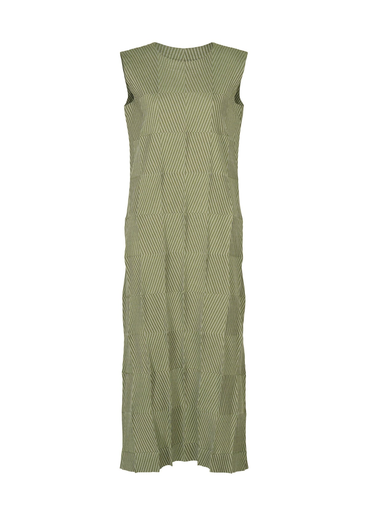 TYPE-W 009-2 by A-POC ABLE ISSEY MIYAKE is a sleeveless, long green Steam Stretch dress featuring a geometric pattern of angled lines, a high neckline, and a straight, relaxed fit. view 2 of 10