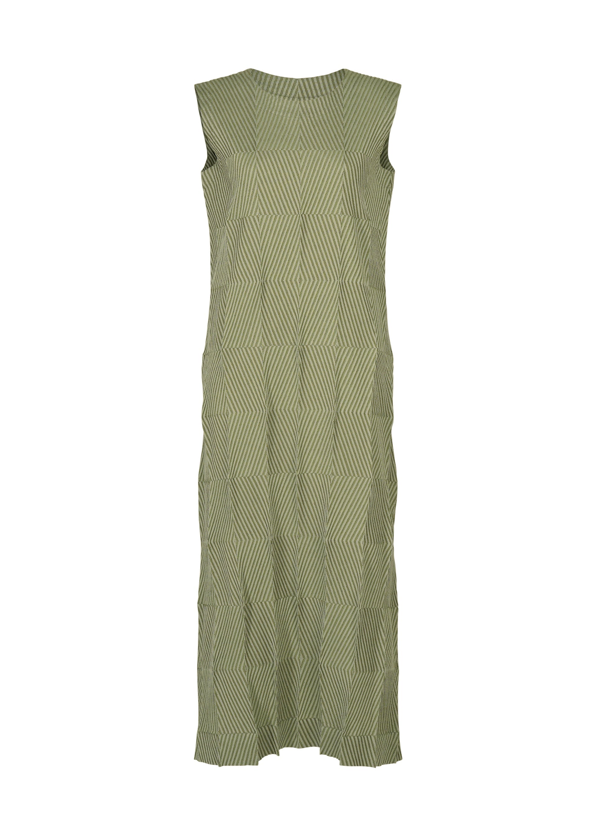 Zoomed view TYPE-W 009-2 by A-POC ABLE ISSEY MIYAKE is a sleeveless, long green Steam Stretch dress featuring a geometric pattern of angled lines, a high neckline, and a straight, relaxed fit. - KHAKI （no.65）