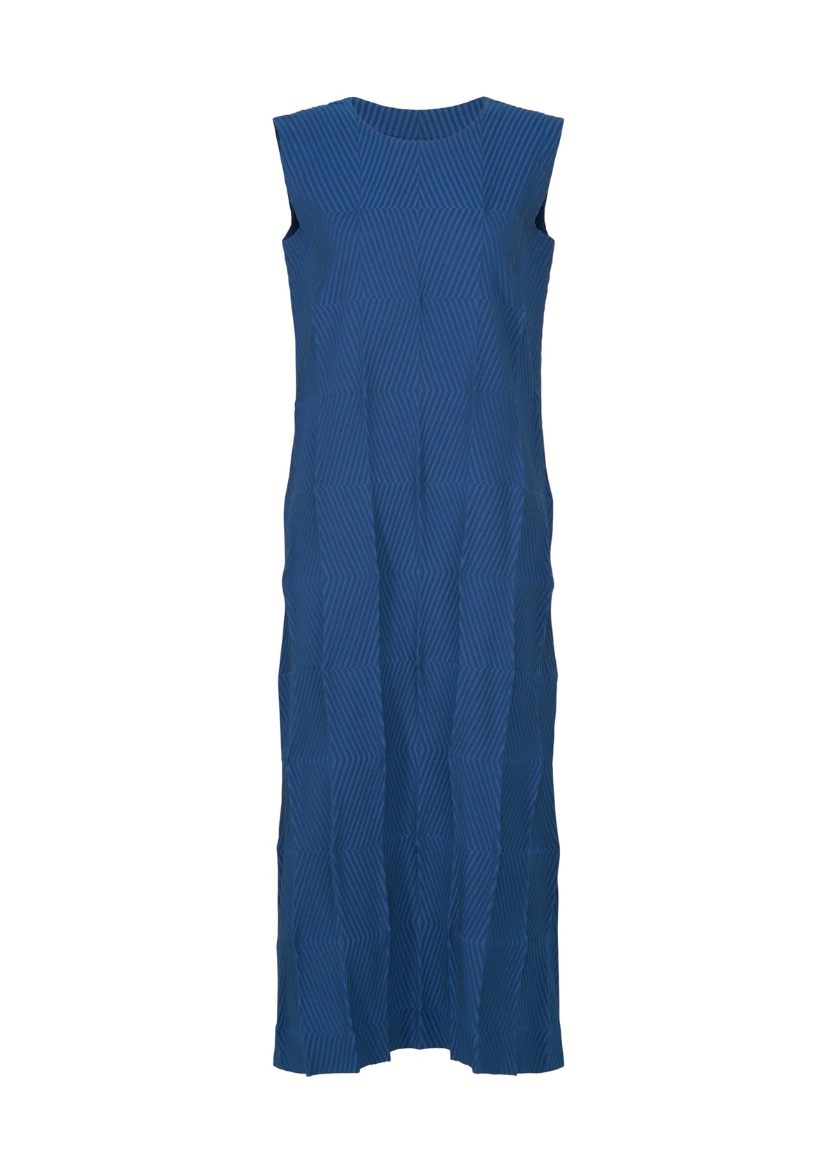 TYPE-W 009-2 by A-POC ABLE ISSEY MIYAKE is a sleeveless, ankle-length Steam Stretch dress in blue featuring a subtle chevron pattern, high neckline, and a loose, flowing silhouette. The relaxed fit garment is displayed against a plain white background. view 3 of 10