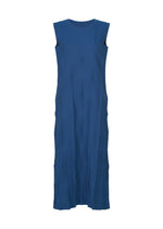 TYPE-W 009-2 by A-POC ABLE ISSEY MIYAKE is a sleeveless, ankle-length Steam Stretch dress in blue featuring a subtle chevron pattern, high neckline, and a loose, flowing silhouette. The relaxed fit garment is displayed against a plain white background. - BLUE （no.72）