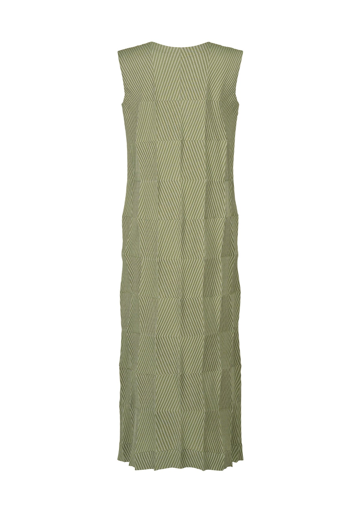 TYPE-W 009-2 by A-POC ABLE ISSEY MIYAKE is a sleeveless, ankle-length Steam Stretch dress in light green fabric with a subtle geometric zigzag pattern. Shown from the back, this stretchy polyester dress features a straight cut with no visible fastenings or embellishments. view 4 of 10