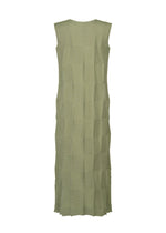 TYPE-W 009-2 by A-POC ABLE ISSEY MIYAKE is a sleeveless, ankle-length Steam Stretch dress in light green fabric with a subtle geometric zigzag pattern. Shown from the back, this stretchy polyester dress features a straight cut with no visible fastenings or embellishments.