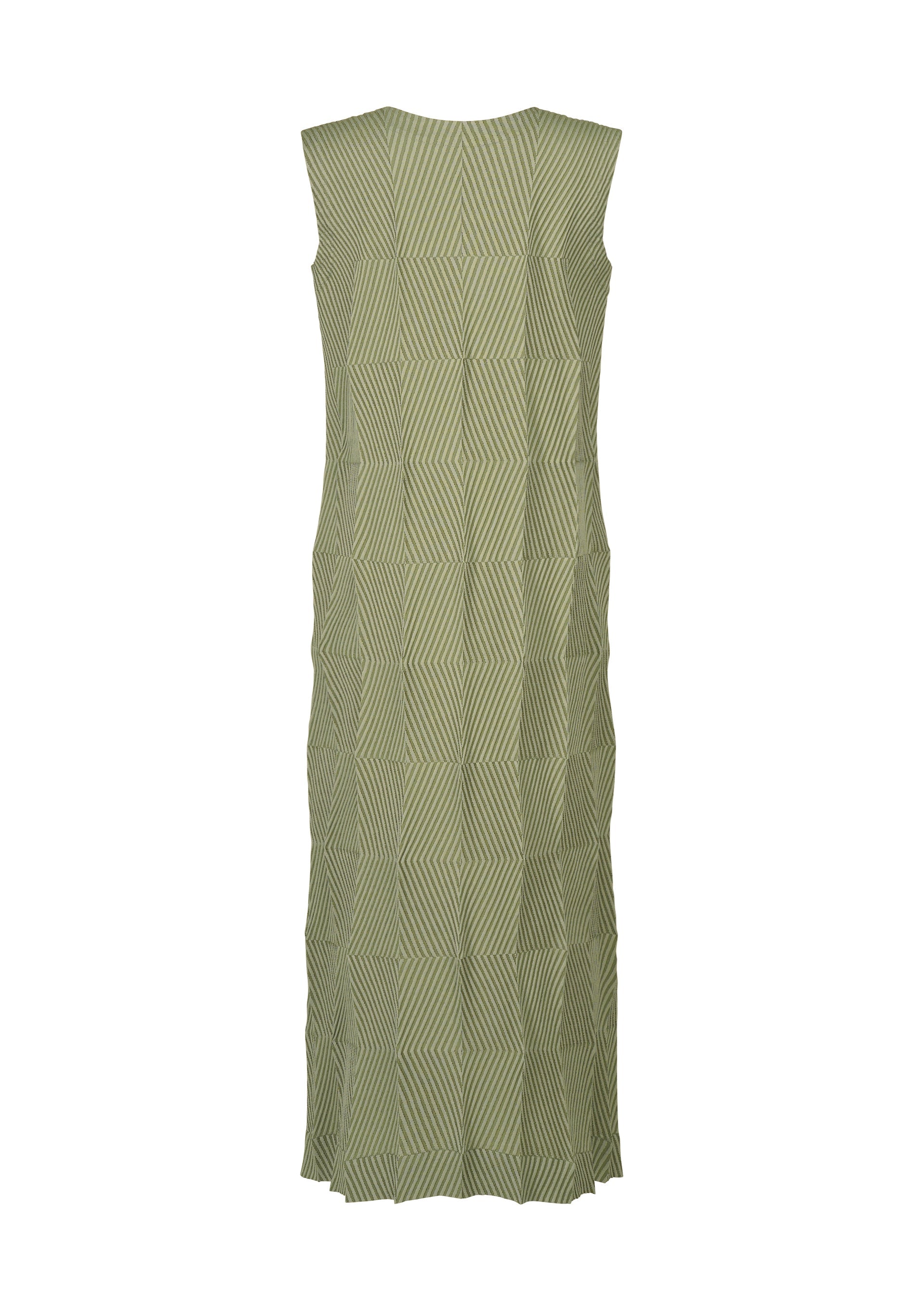 Zoomed view TYPE-W 009-2 by A-POC ABLE ISSEY MIYAKE is a sleeveless, ankle-length Steam Stretch dress in light green fabric with a subtle geometric zigzag pattern. Shown from the back, this stretchy polyester dress features a straight cut with no visible fastenings or embellishments.
