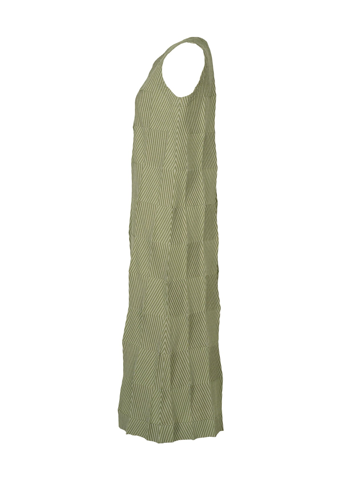 Sleeveless TYPE-W 009-2 dress by A-POC ABLE ISSEY MIYAKE in olive green, featuring a geometric textured pattern and relaxed fit, displayed in a side view against a plain white background. view 5 of 10