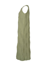 Sleeveless TYPE-W 009-2 dress by A-POC ABLE ISSEY MIYAKE in olive green, featuring a geometric textured pattern and relaxed fit, displayed in a side view against a plain white background.