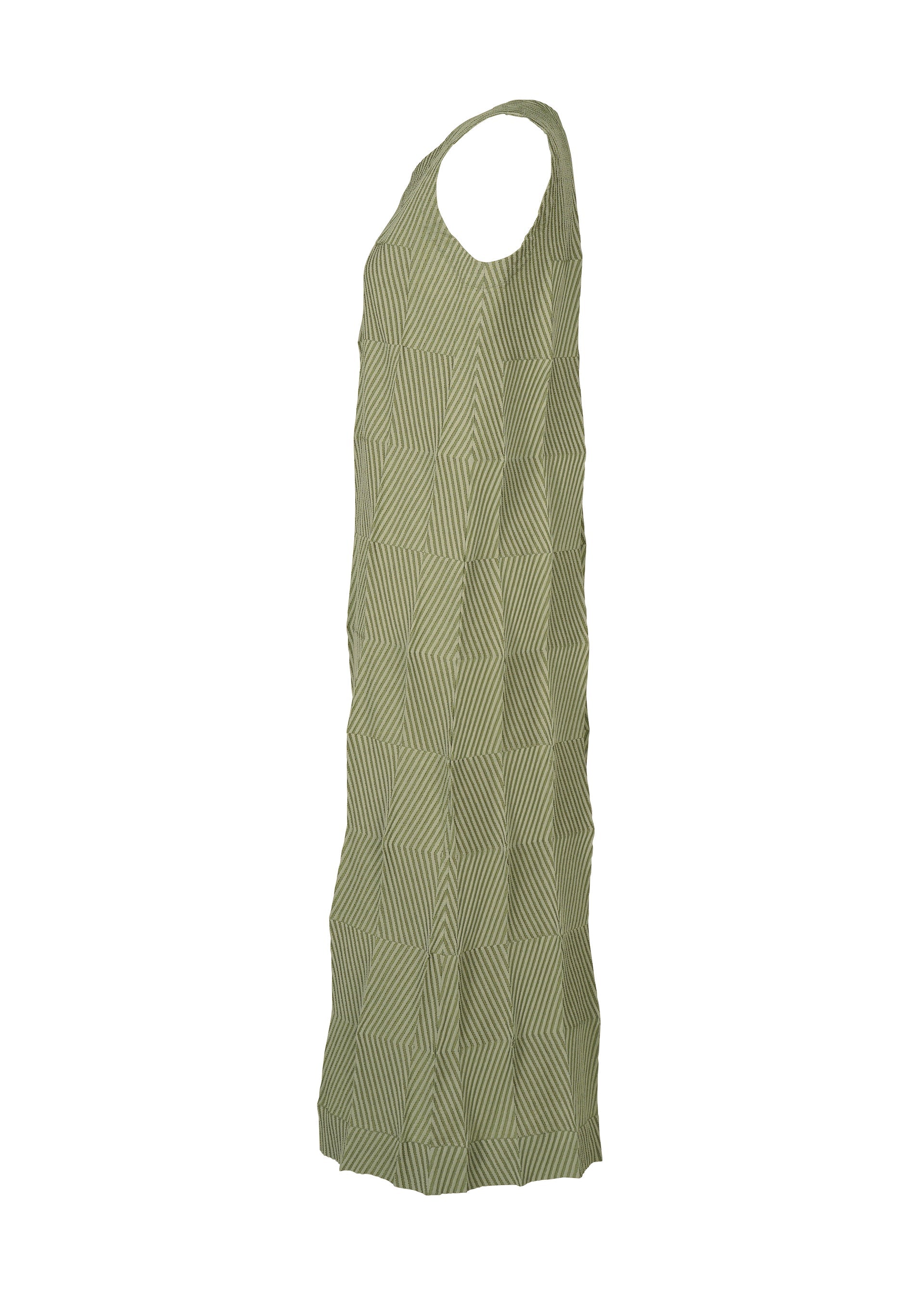 Zoomed view Sleeveless TYPE-W 009-2 dress by A-POC ABLE ISSEY MIYAKE in olive green, featuring a geometric textured pattern and relaxed fit, displayed in a side view against a plain white background.