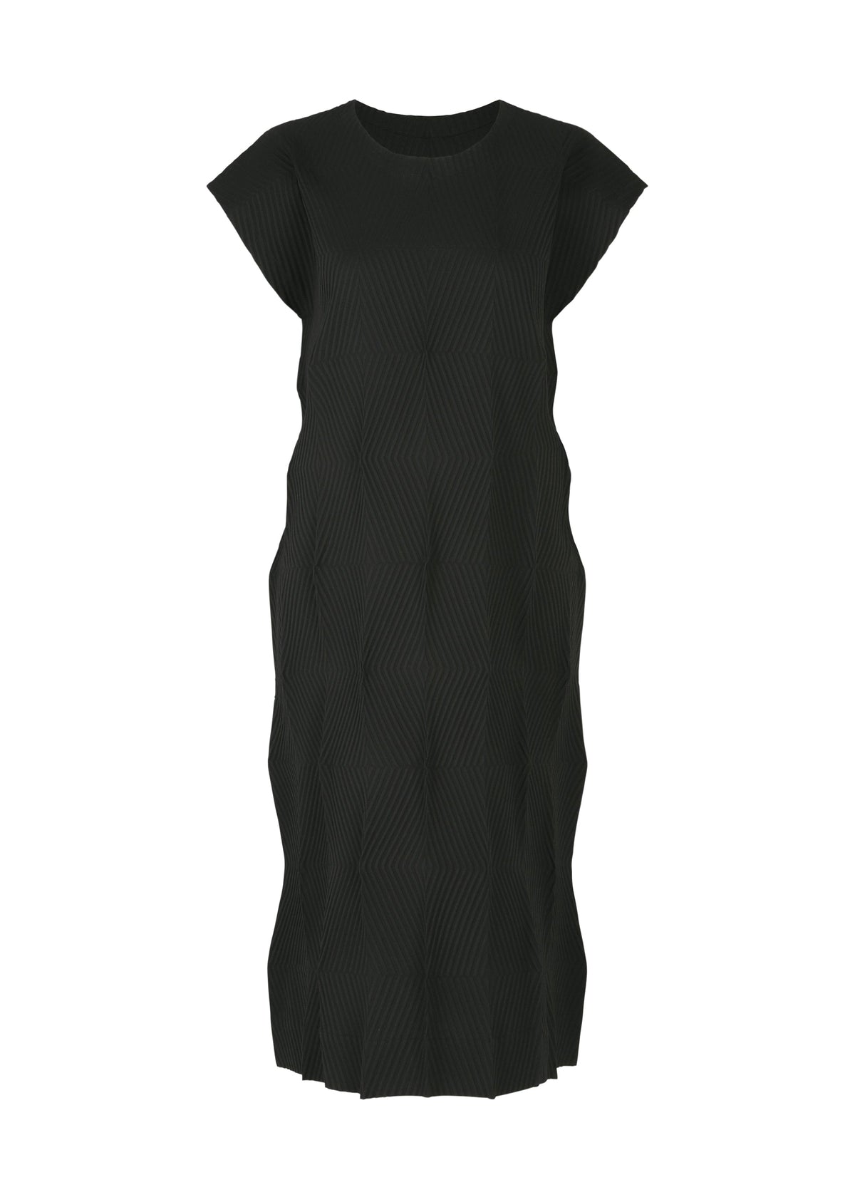 The TYPE-W 009-1 by A-POC ABLE ISSEY MIYAKE is a black, short-sleeved, knee-length Steam Stretch dress with a round neckline and wavy geometric texture, offering a sculptural yet relaxed fit and modern comfort. view 1 of 5