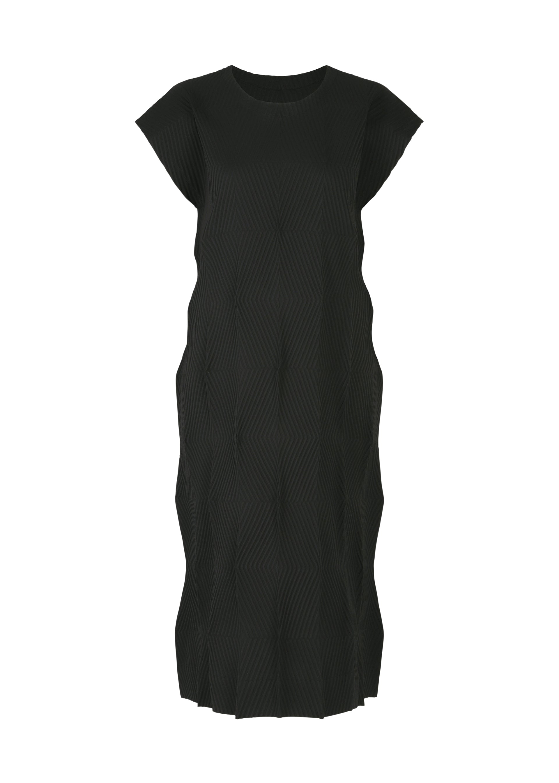 Zoomed view The TYPE-W 009-1 by A-POC ABLE ISSEY MIYAKE is a black, short-sleeved, knee-length Steam Stretch dress with a round neckline and wavy geometric texture, offering a sculptural yet relaxed fit and modern comfort. - BLACK （no.15）