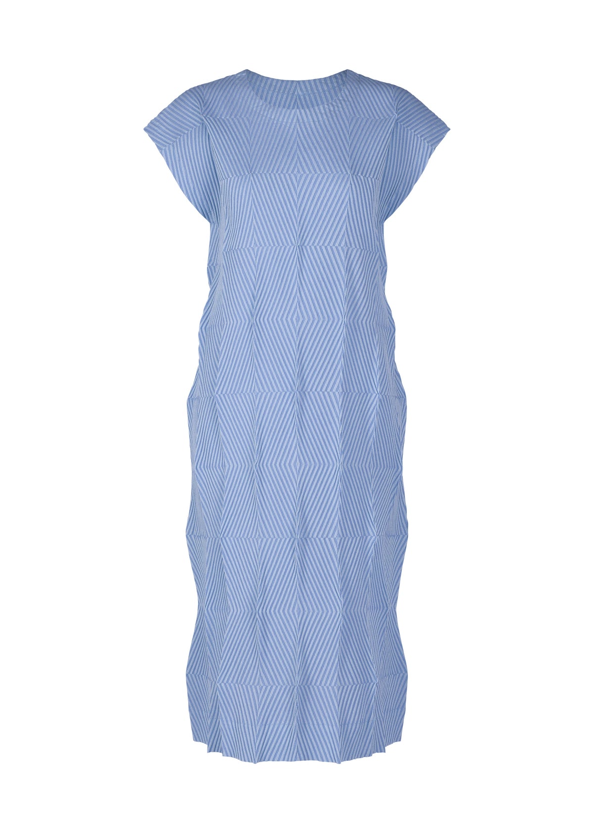 Sleeveless TYPE-W 009-1 dress by A-POC ABLE ISSEY MIYAKE in blue, featuring a subtle geometric striped pattern, relaxed fit silhouette, round neckline, and slightly textured fabric. view 3 of 5