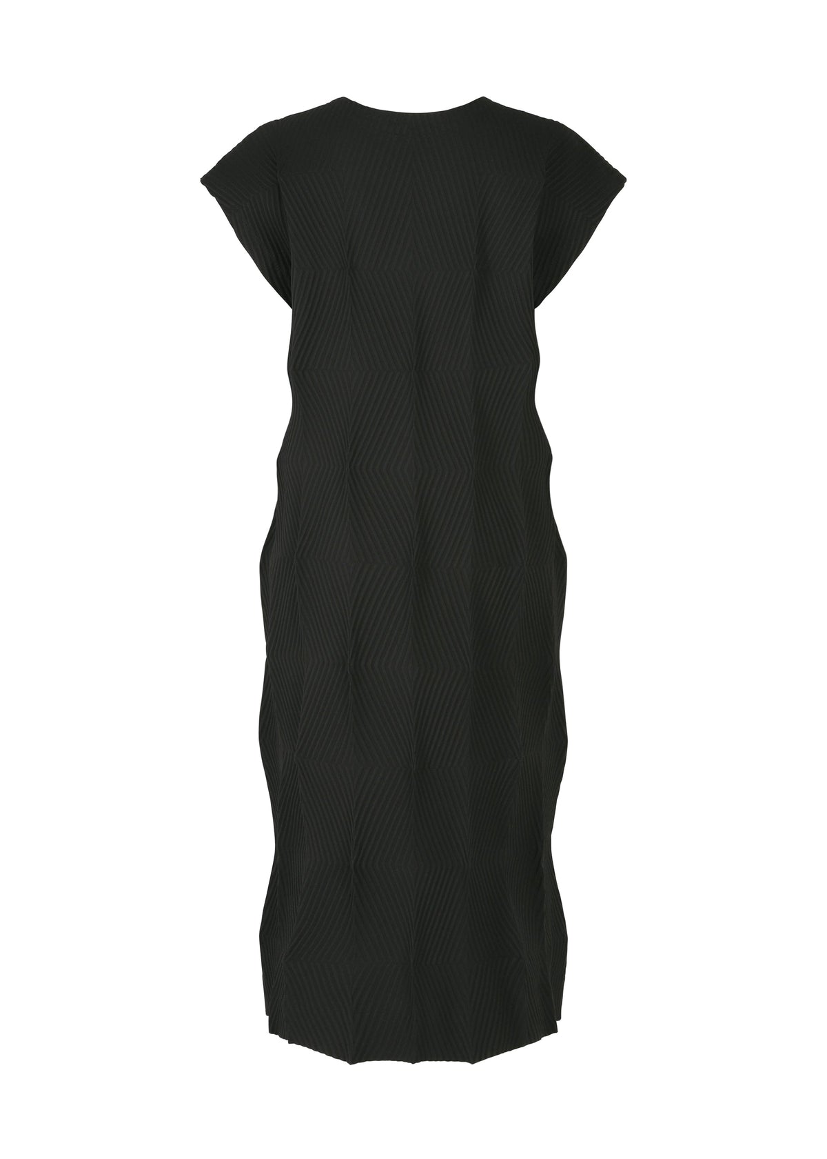 The TYPE-W 009-1 by A-POC ABLE ISSEY MIYAKE is a black, knee-length Steam Stretch dress with short sleeves and a geometric textured pattern. Made from stretchy polyester, it features a straight silhouette without visible embellishments or fastenings. view 4 of 5