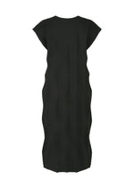 The TYPE-W 009-1 by A-POC ABLE ISSEY MIYAKE is a black, knee-length Steam Stretch dress with short sleeves and a geometric textured pattern. Made from stretchy polyester, it features a straight silhouette without visible embellishments or fastenings.