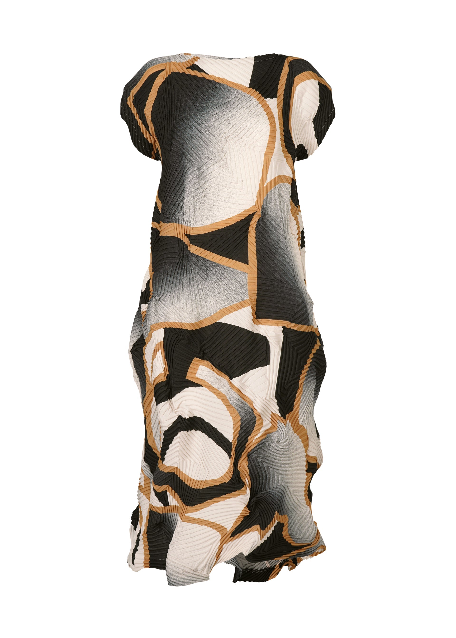 Zoomed view The TYPE-XV SOAR NY project 001 by A-POC ABLE ISSEY MIYAKE is a loose, short-sleeved dress featuring black, white, grey, and tan abstract geometric patterns on crinkled fabric, showcasing subtle Japanese style. - BEIGE-HUED (no.46)