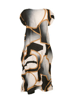 The TYPE-XV SOAR NY project 001 dress by A-POC ABLE ISSEY MIYAKE is knee-length with short sleeves and Baked Stretch pleats, featuring an abstract pattern of black, white, gray, and tan swirling lines for an elegant Japanese-inspired look.