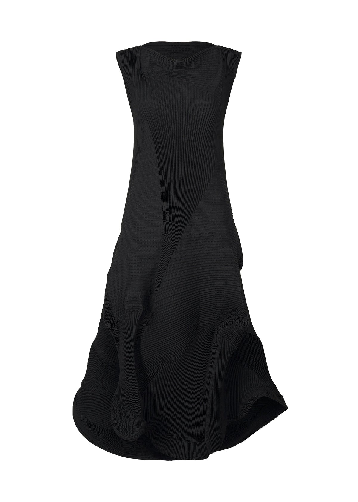 The TYPE-Ⅰ 008 by A-POC ABLE ISSEY MIYAKE is a black, sleeveless, knee-length Steam Stretch dress with sculptural pleats and asymmetrical, flowing shapes, shown against a plain white background. view 1 of 6