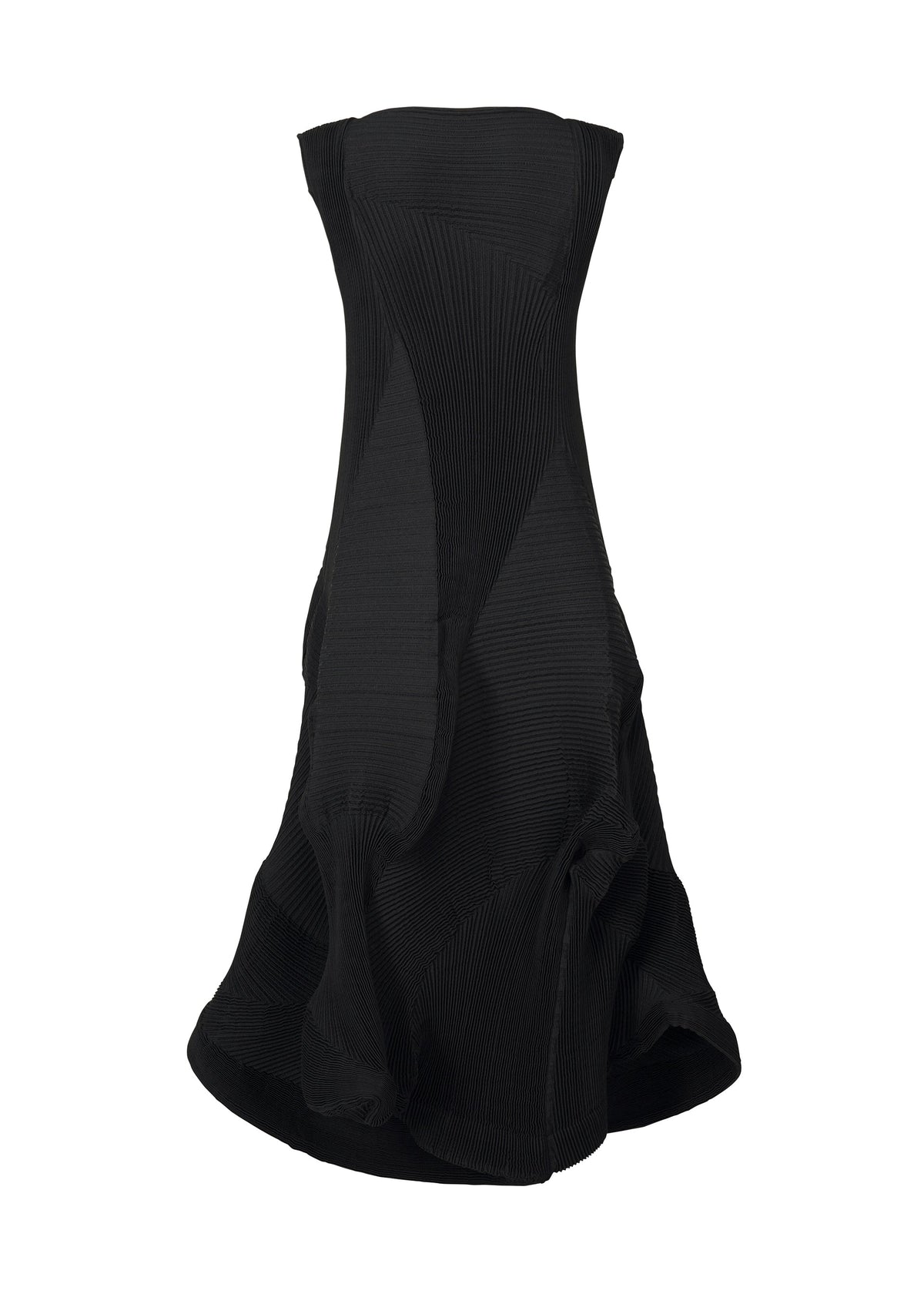 The TYPE-Ⅰ 008 by A-POC ABLE ISSEY MIYAKE is a strapless black dress with a fitted bodice, flared sculptural skirt, textured geometric panels, and dynamic pleats. view 2 of 6
