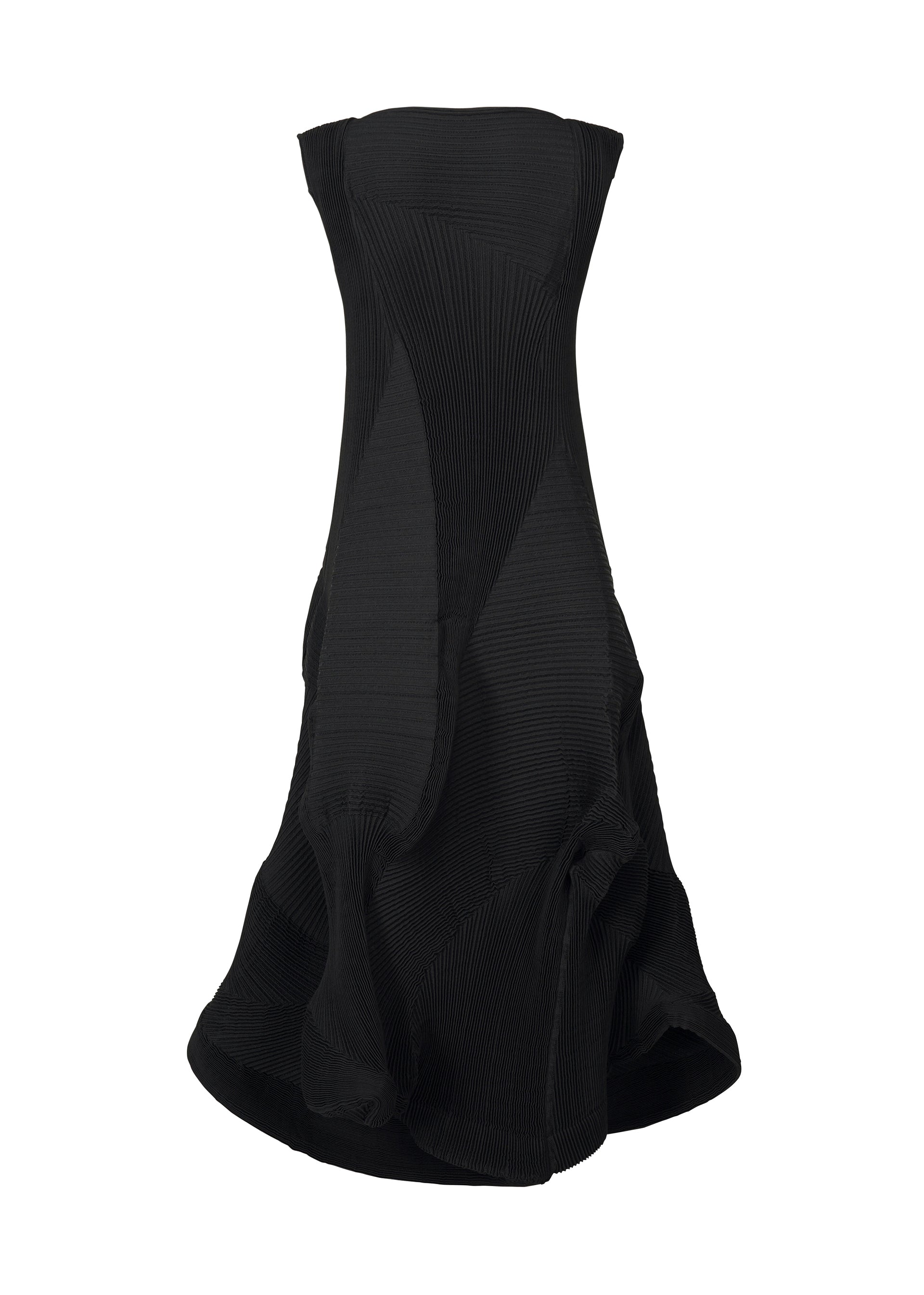 Zoomed view The TYPE-Ⅰ 008 by A-POC ABLE ISSEY MIYAKE is a strapless black dress with a fitted bodice, flared sculptural skirt, textured geometric panels, and dynamic pleats.