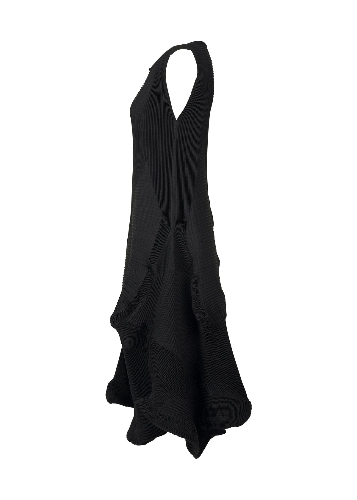 Sleeveless black TYPE-Ⅰ 008 midi dress by A-POC ABLE ISSEY MIYAKE, featuring a V-neckline, A-line silhouette, textured pleated fabric, and a sculptural wavy hem for a modern look. view 3 of 6
