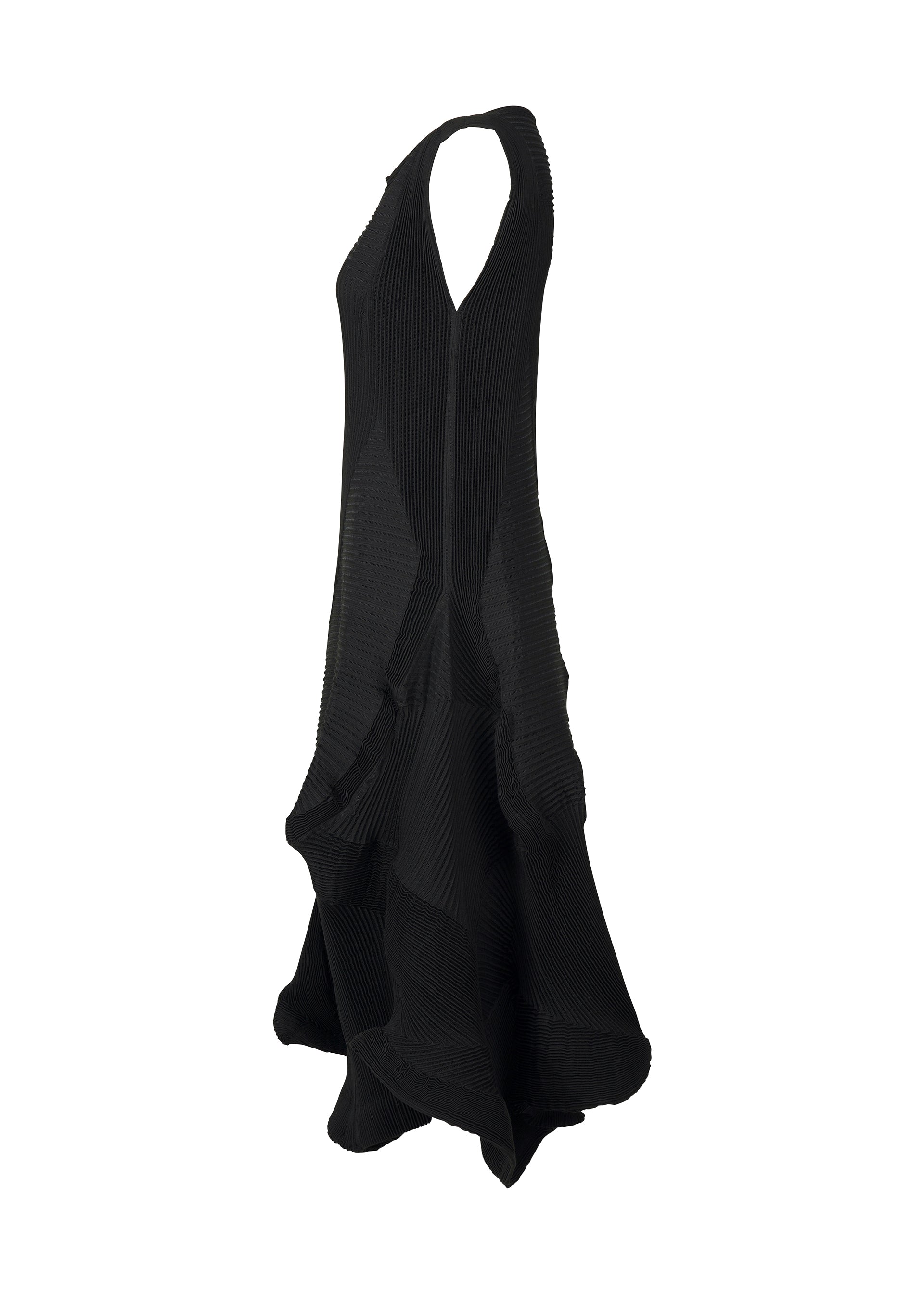Zoomed view Sleeveless black TYPE-Ⅰ 008 midi dress by A-POC ABLE ISSEY MIYAKE, featuring a V-neckline, A-line silhouette, textured pleated fabric, and a sculptural wavy hem for a modern look.