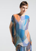 A person with short hair models the TYPE-P 005 French-sleeved top by A-POC ABLE ISSEY MIYAKE, featuring loose fit and blue, orange, yellow, and white wavy stripes, set against a plain light background.