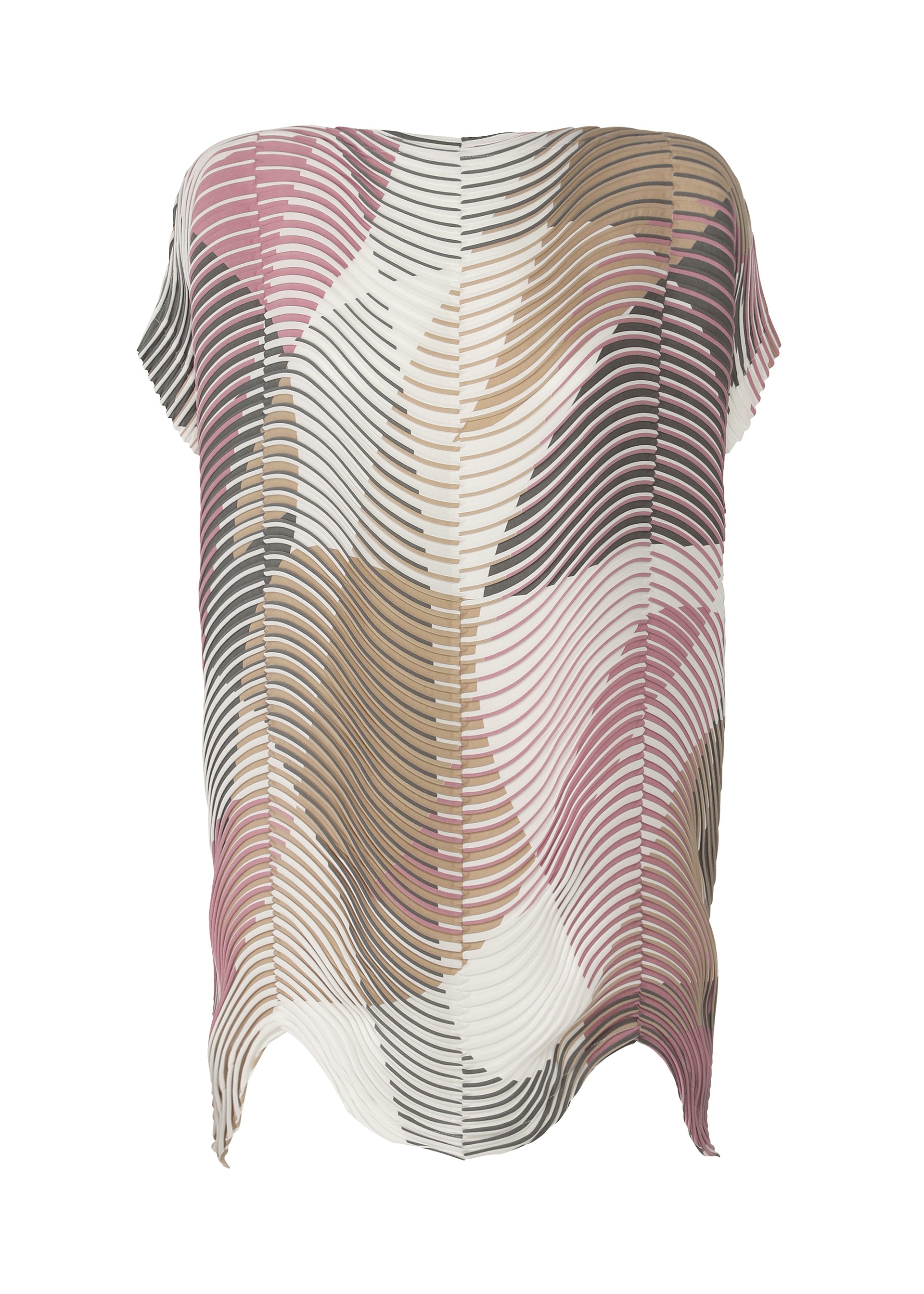 Zoomed view The TYPE-P 005 by A-POC ABLE ISSEY MIYAKE is a French-sleeved top featuring a wavy, abstract pattern in pink, beige, white, brown, and black with thin horizontal lines, wavy texture, and an irregular hem. - BEIGE-HUED （no.46）