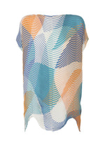 The TYPE-P 005 top by A-POC ABLE ISSEY MIYAKE features French sleeves, an abstract wavy multicolor pattern in blue, orange, aqua, and white, horizontal pleats for texture, and an asymmetrical hemline for a modern look. - TURQUOISE BLUE-HUED （no.77）
