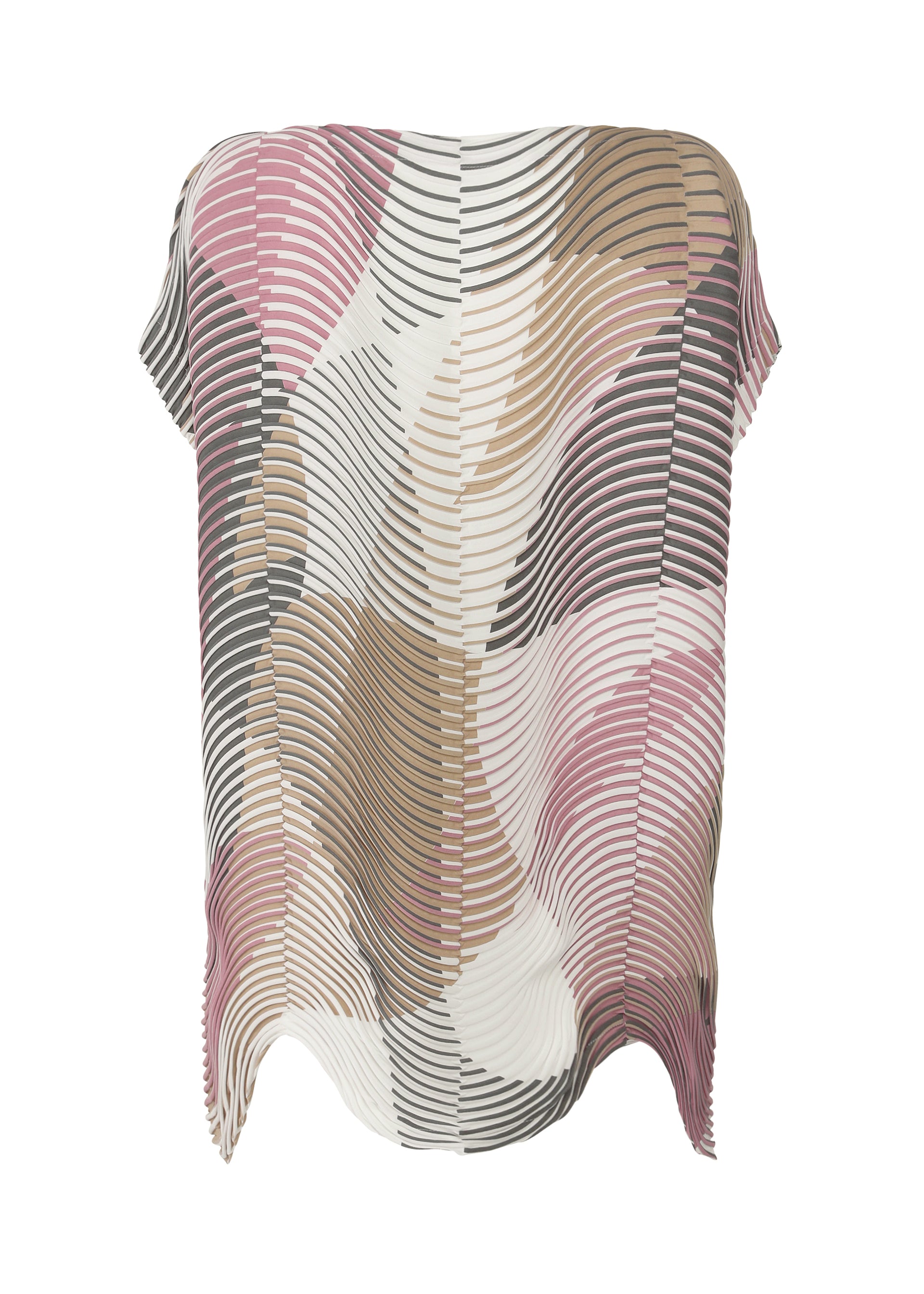 Zoomed view The TYPE-P 005 by A-POC ABLE ISSEY MIYAKE is a French-sleeved top featuring an abstract wavy stripe pattern in pink, beige, brown, gray, and white. Made from lightweight Baked Stretch fabric with a flowing fit and unique wavy texture.