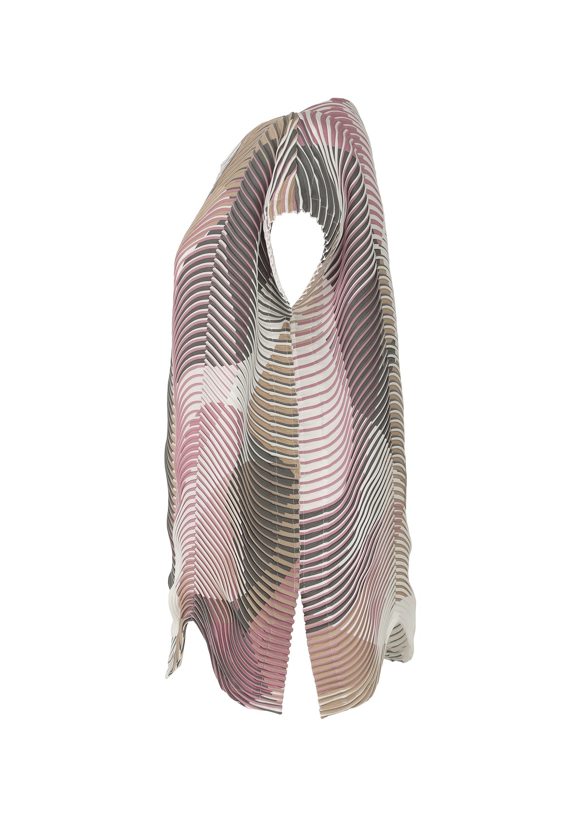 The TYPE-P 005 scarf by A-POC ABLE ISSEY MIYAKE is lightweight with wavy stripes in pink, brown, beige, and white, featuring a subtle textured pattern and shown draped open against a white background. view 5 of 8