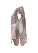 The TYPE-P 005 scarf by A-POC ABLE ISSEY MIYAKE is lightweight with wavy stripes in pink, brown, beige, and white, featuring a subtle textured pattern and shown draped open against a white background.