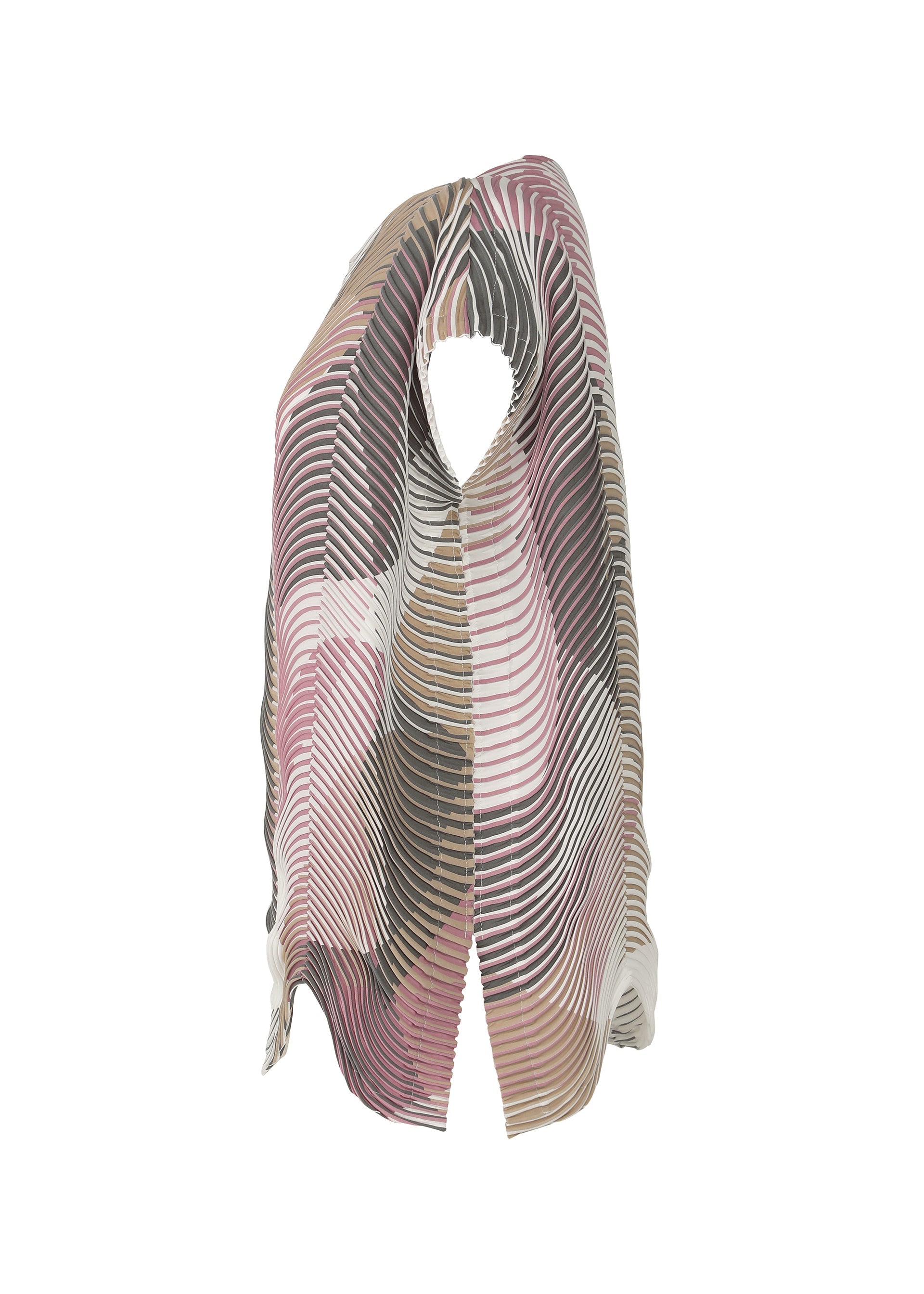 Zoomed view The TYPE-P 005 scarf by A-POC ABLE ISSEY MIYAKE is lightweight with wavy stripes in pink, brown, beige, and white, featuring a subtle textured pattern and shown draped open against a white background.