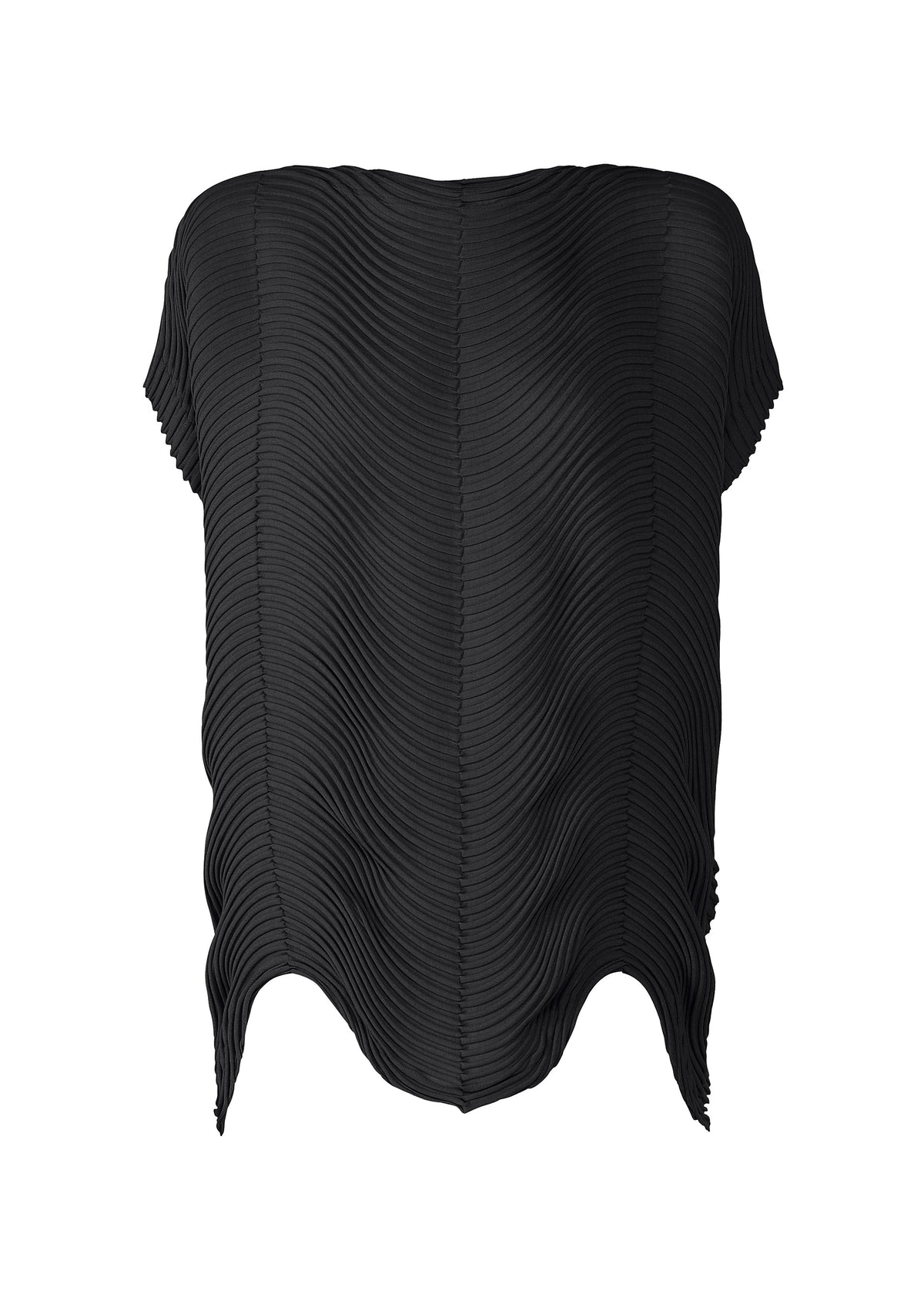 The TYPE-P 006 by A-POC ABLE ISSEY MIYAKE is a black French-sleeved top with a wavy ribbed texture and asymmetric hem, crafted from Baked Stretch fabric for versatile wear, shown on a white background. view 1 of 8