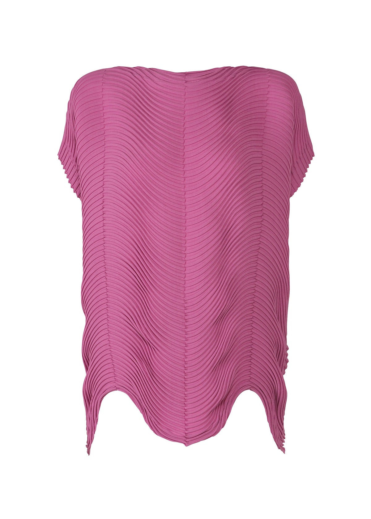 The TYPE-P 006 by A-POC ABLE ISSEY MIYAKE is a pink, strapless top in Baked Stretch fabric with a pleated texture and wavy asymmetrical hem—ideal for versatile everyday style. view 2 of 8