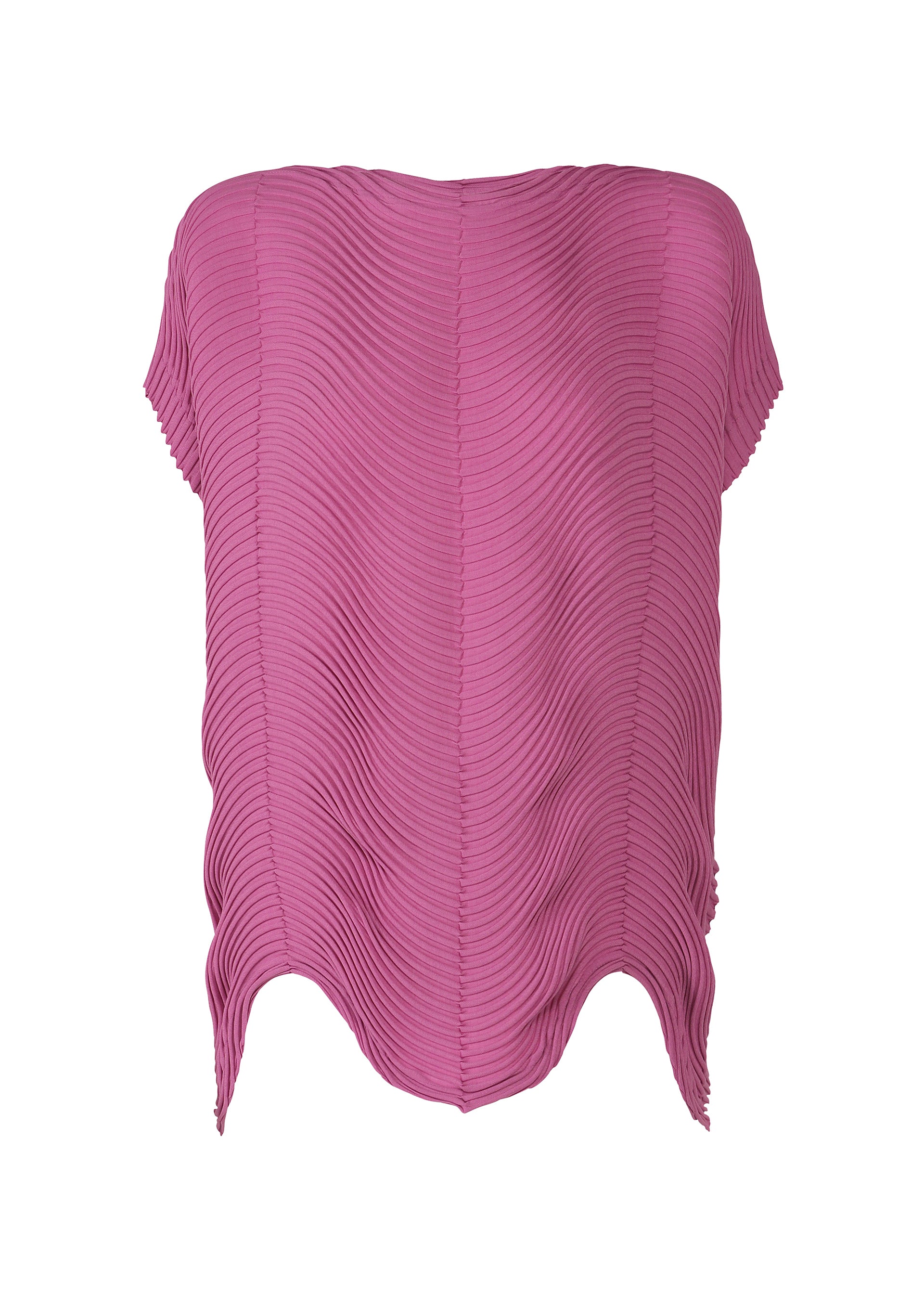 Zoomed view The TYPE-P 006 by A-POC ABLE ISSEY MIYAKE is a pink, strapless top in Baked Stretch fabric with a pleated texture and wavy asymmetrical hem—ideal for versatile everyday style. - FUCHSIA PINK （no.23）
