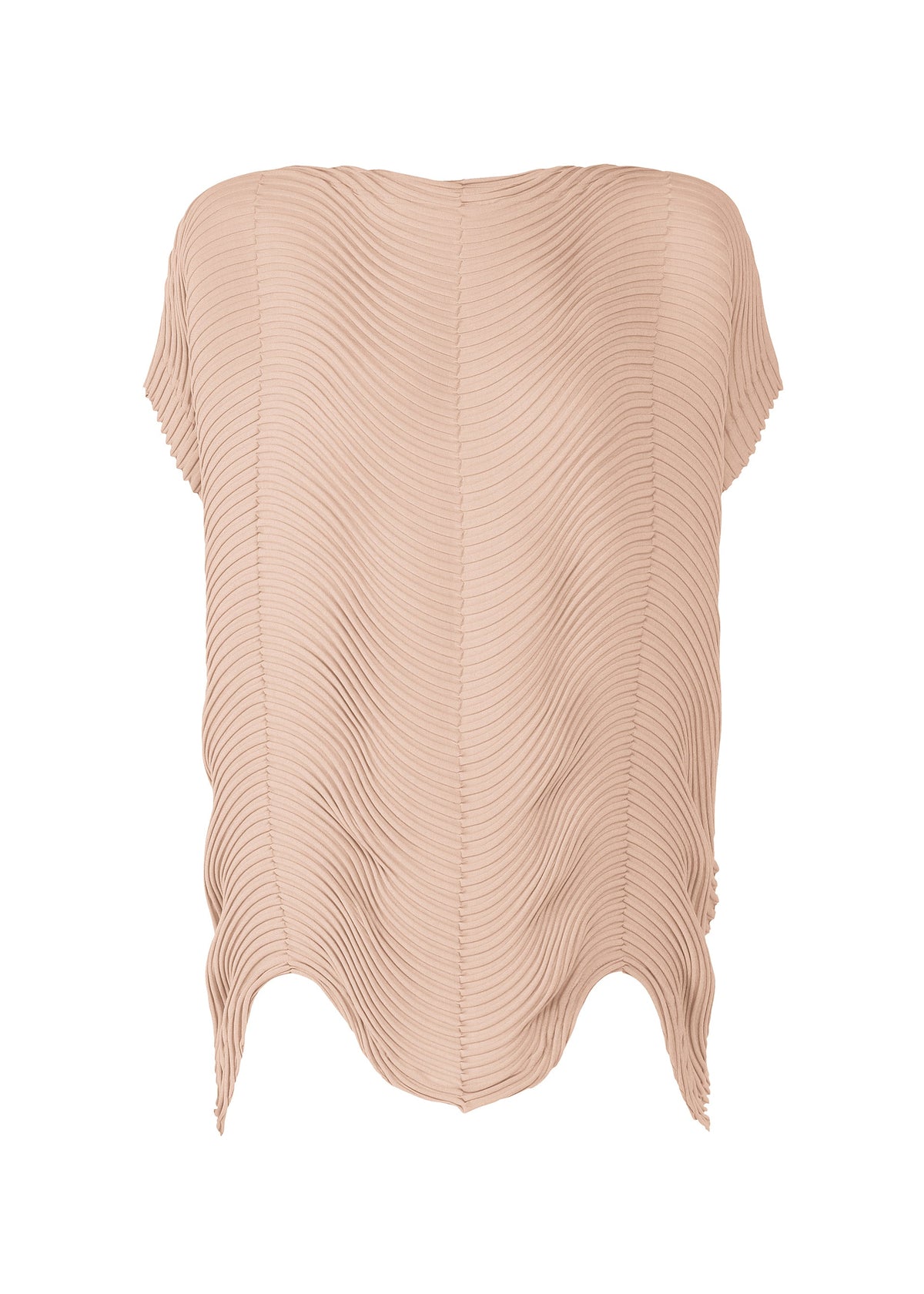The TYPE-P 006 by A-POC ABLE ISSEY MIYAKE is a beige, off-the-shoulder top with French sleeves, wavy pleats, and a scalloped hem for a modern, elegant style that's perfect for versatile everyday wear. view 3 of 8