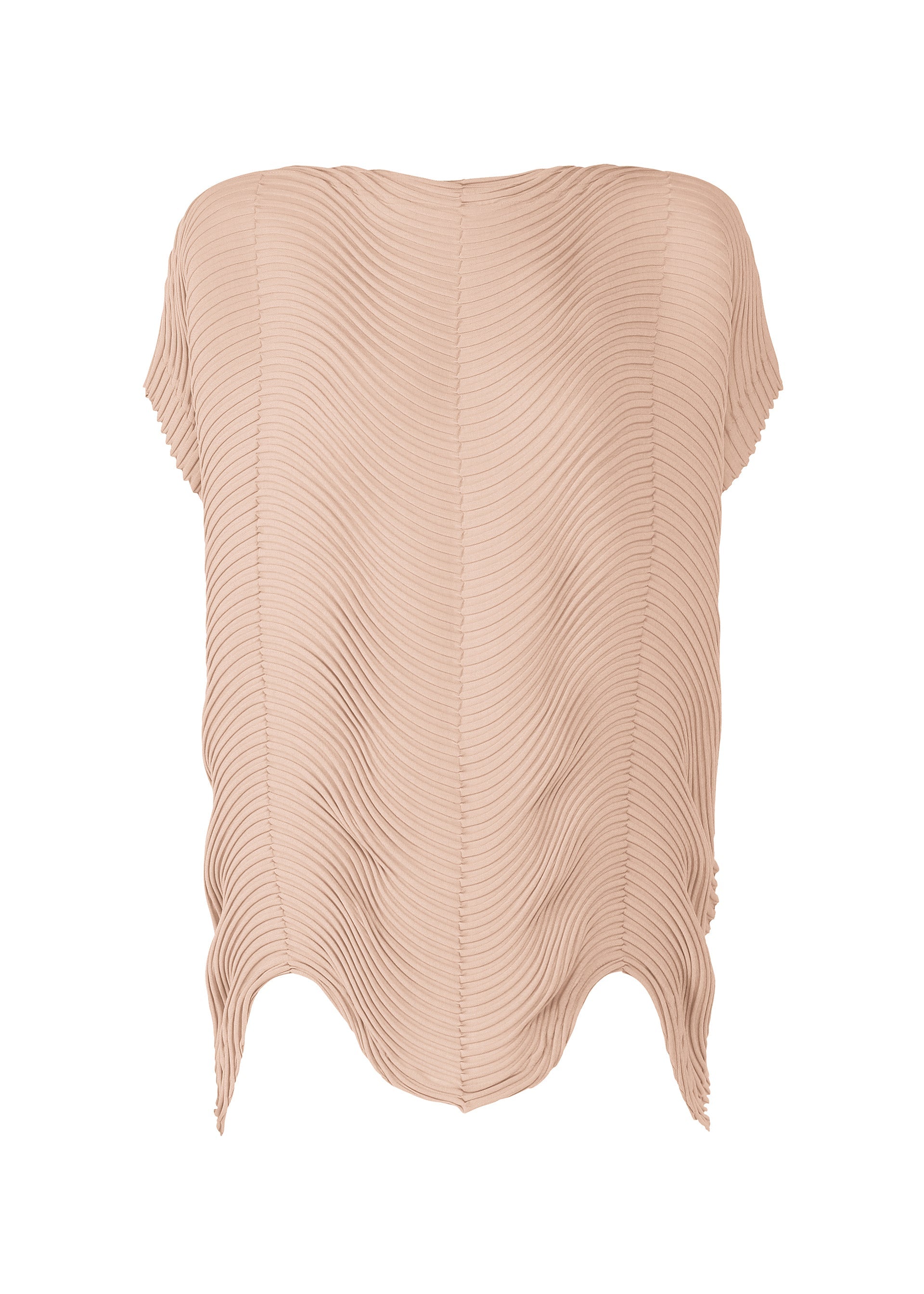 Zoomed view The TYPE-P 006 by A-POC ABLE ISSEY MIYAKE is a beige, off-the-shoulder top with French sleeves, wavy pleats, and a scalloped hem for a modern, elegant style that's perfect for versatile everyday wear. - PINK BEIGE （no.42）