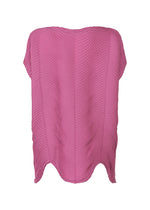 The TYPE-P 006 by A-POC ABLE ISSEY MIYAKE is a pink, French-sleeved top with pleated texture and a scalloped hem. Made from Baked Stretch fabric, it's lightweight for everyday wear. Shown against a white background.