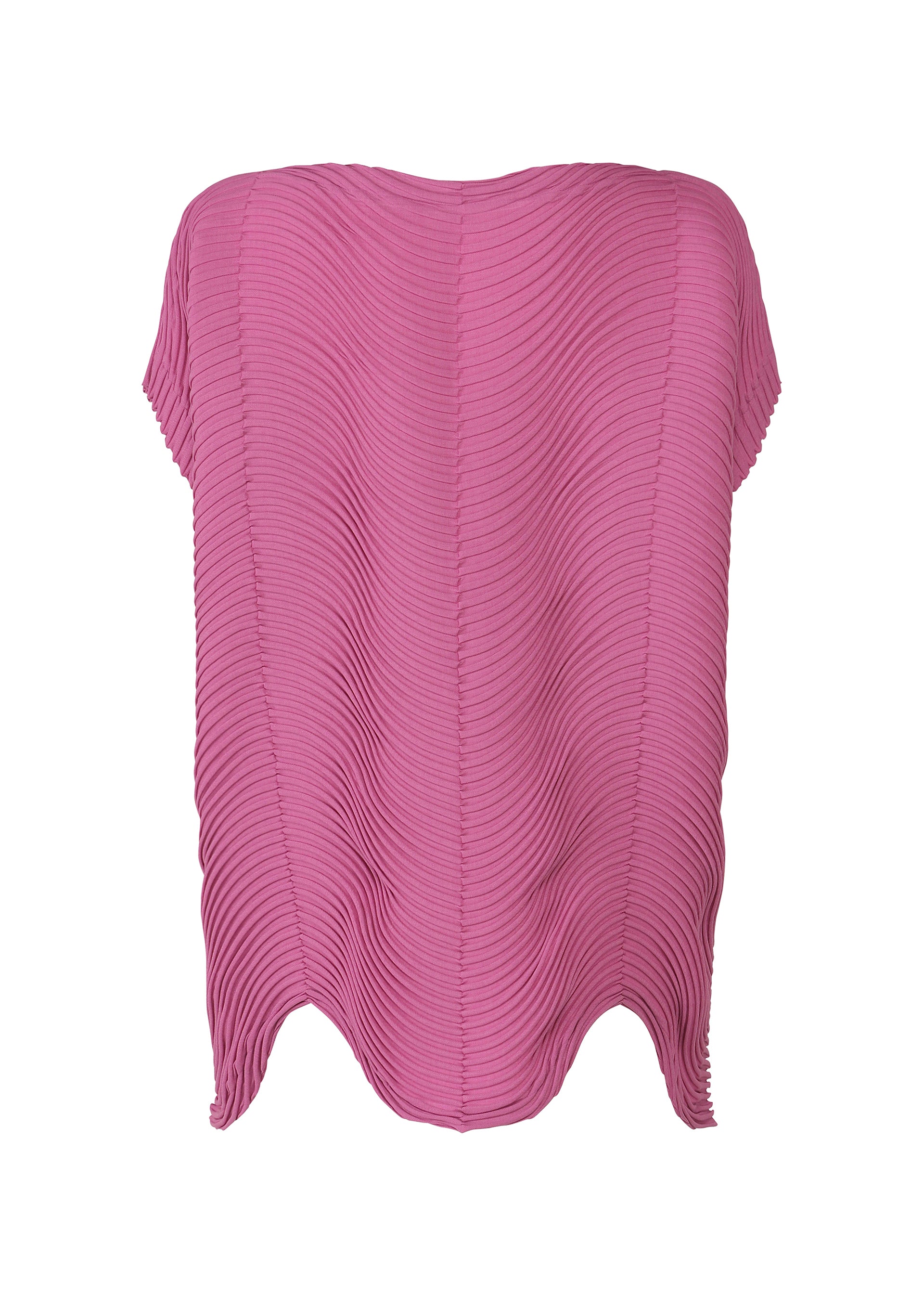 Zoomed view The TYPE-P 006 by A-POC ABLE ISSEY MIYAKE is a pink, French-sleeved top with pleated texture and a scalloped hem. Made from Baked Stretch fabric, it's lightweight for everyday wear. Shown against a white background.
