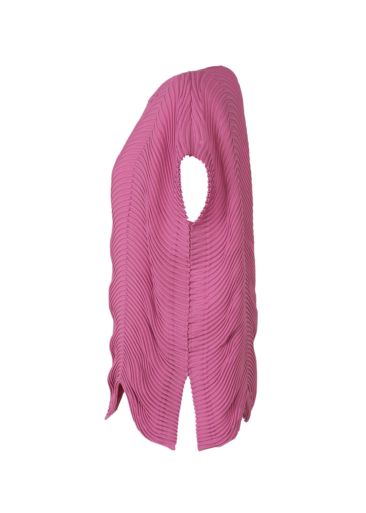 The TYPE-P 006 by A-POC ABLE ISSEY MIYAKE is a pink pleated asymmetrical French-sleeved top with a round neckline cutout and hem slit, crafted from Baked Stretch fabric. Shown on a plain white background, it's ideal for everyday wear. view 5 of 8